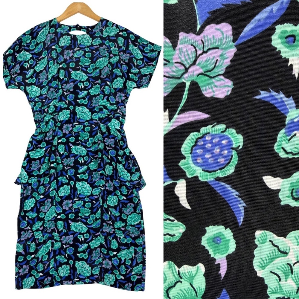 Vintage Floral‎ Peplum Dress Rockabilly Teal Purple Black Sz 6